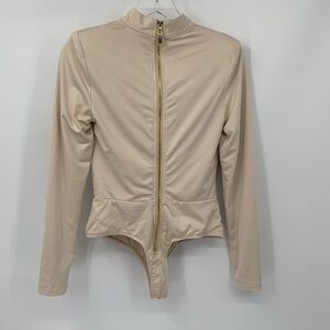 Peace + Love high neck bodysuit nude tan long sleeve gold zipper mock new 10